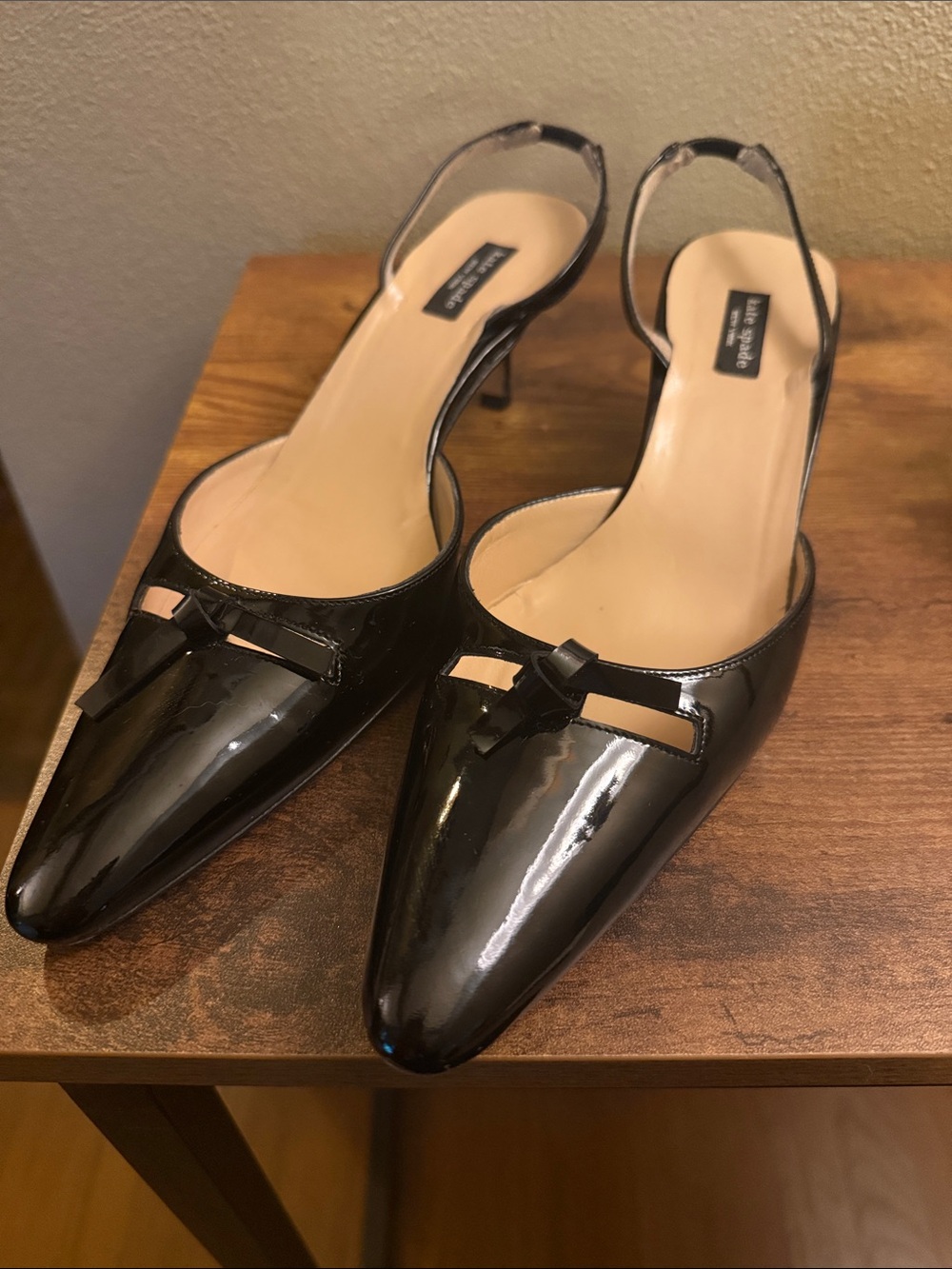 kate spade Black Patent Leather Pointed Slingback Pumps with Bow